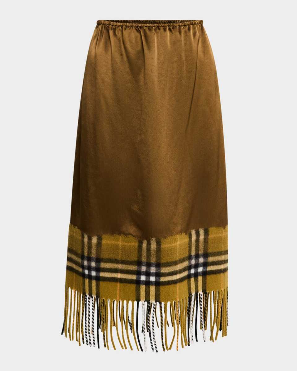 Check Fringe-Hem Satin Midi Skirt
